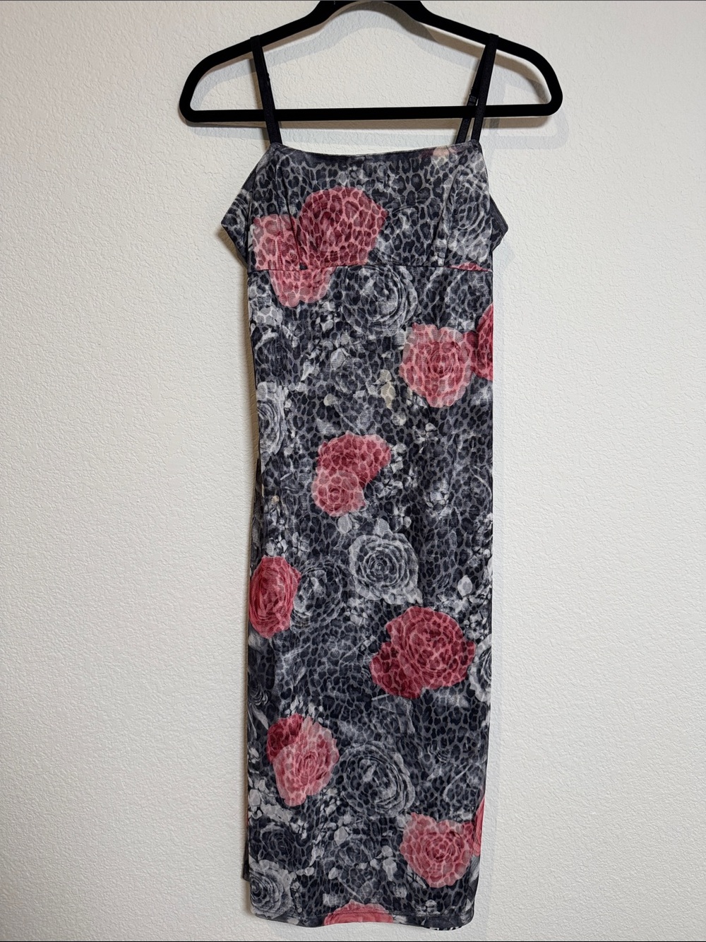 Necessary Objects Vintage Y2k 90s Black Grey Leopard Rose Print Mesh Midi Dress